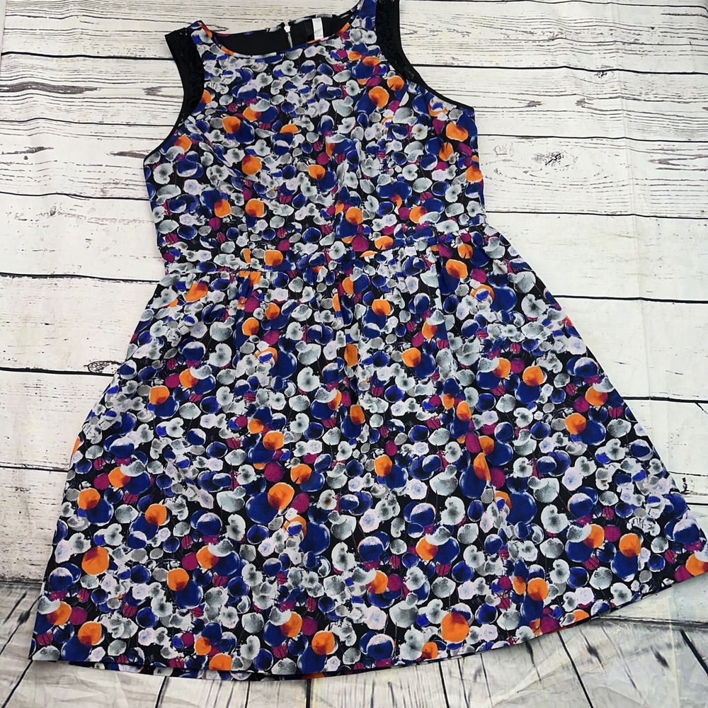 Kensie Womens Dress Size L Black Floral Sleeveless Lace Trim A Line Fit & Flare